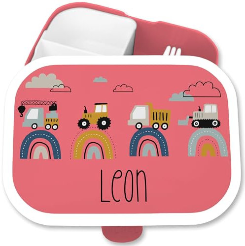 Kinder Campus für Mepal - Baustelle mit Name personalisiert Brotdose Bagger I Traktor I LKW I Kipper I Planierraupe I Kran - 750 ml - Rosa - schulkinder geschenke jungs lunchbox kindergarten