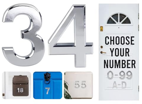 Silver Door Numbers Stick On, 0-99, Letters A, B, C, D, 3'' House Numbers Self Adhesive Stickers, For Doors, Mail Boxes, Hotel Rooms (34)