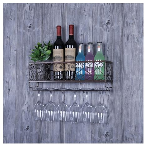 YVZYLXH Modern Wine Rack Wall Mounted with Glass Holder and Shelf,Metal Bottle Holder Wine Storage Display Shelf,Mini Bar Liquor Shelves for Home Bar Dining Room Kitchen(Color:Bronze,Size:50x10x17cm)