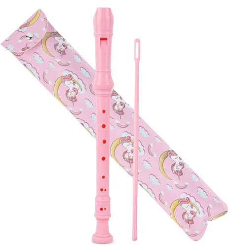 Czzmy Flûte à bec soprano,avec sac en cuir pu, tige de nettoyage et tableau des doigtés,8 trous C clé Flûte à bec doigté baroque/allemand instrument à vent pour débutants(2-La Licorne rose)