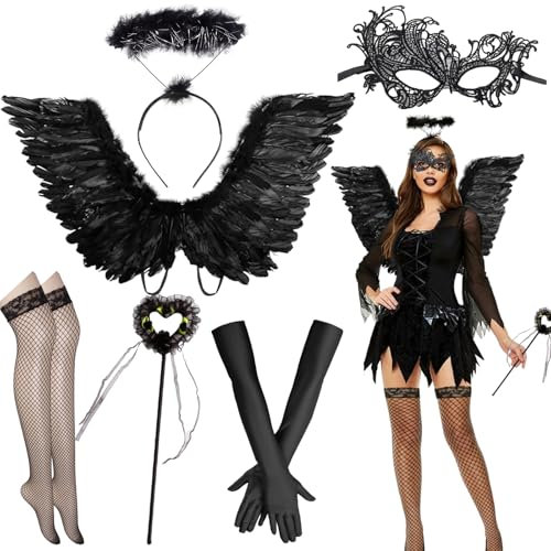 Henkodo Engelsflügel Schwarz 66cm,Teufel Kostüm,Engel kostüm Damen Mädchen Engel Haarreif Heiligenschein zauberstab Handschuhe Mask Karneval Kostüm Faschingkostüme für Halloween Karneval Cosplay
