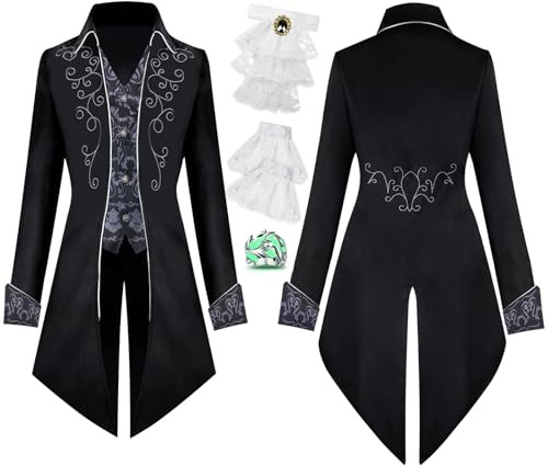 IEEILULU Gotica Vittoriana Cappotto da Uomo, Medievale Tailcoat da Uomo, Vintage Steampunk Tailcoat Giacca con Coprimaniche in Pizzo, Costume Vampiro Uniforme per Carnevale Halloween