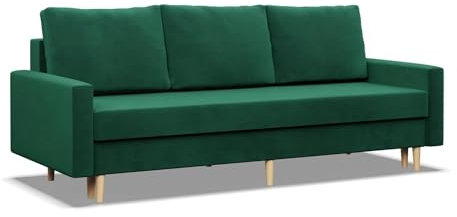 Mebligo - Sofa mit Schlaffunktion und Bettkasten Blank, 3 Sitzer Sofa 212 cm Breit, Schlafsofa, Ausziehbares Couch auf Holzfüßen, Schlafcouch -Flaschengrün