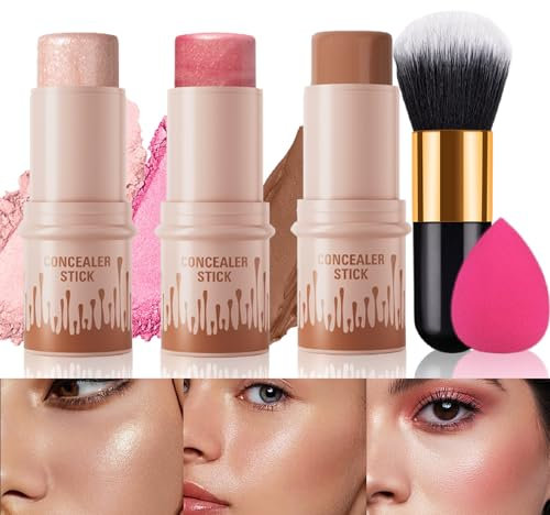 MKNZOME 3pcs Contour Highlighter Blush Sticks, Bronzer Stick Cream Contour Kit for Cheeks, Lips, Highlighter Makeup Stick with Makeup Brush and Sponge, Long Lasting, Waterproof, Smooth, for Women