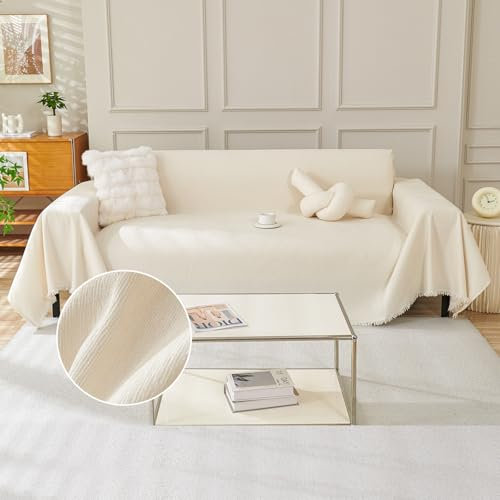 TAOTAOGO Sofa Überwurfdecke für 2/3/4 Sitzer, L-förmige Ecksofas, Einfarbige Chenille Kratzfest Sofaüberzug, Waschbar Sofaüberwurf, haustierfreundlich Couchüberzug mit Quasten F Beige 180x300cm