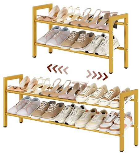 FAVOOSTY Schuhregal Metall Ausziehbares, Verstellbar Platzsparend, Shoes Rack, Robustes Schuhständer für Eingangsbereich, Schlafzimmer Gold 2 Ebenen