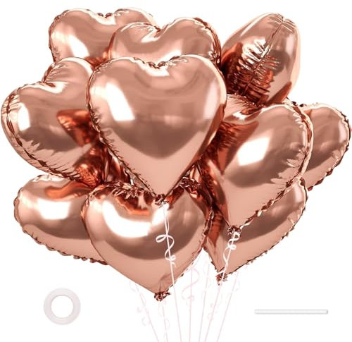 12 Pcs Heart Balloons Valentines Love Balloons 18 inch Large Foil Heart Shape Balloons for Valentines Day Wedding Engagement Anniversary Birthday Party Decorations (Rose Gold)