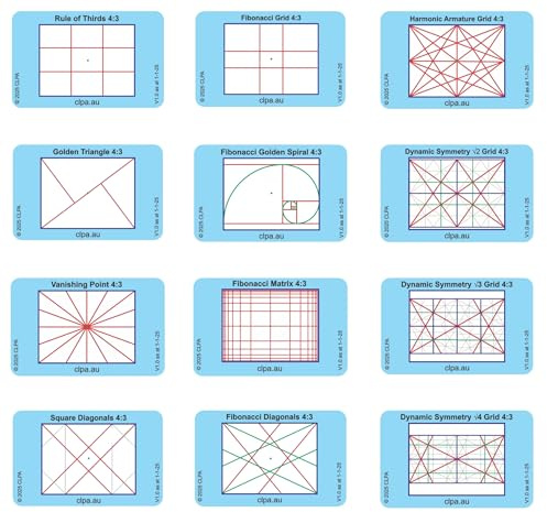 4:3 Directors Viewfinder Set, 12 Layouts, 12 Cards | Australian Designed and Made; Artist Viewfinder for Video Camera and Tablet; Complete Composition Grid Set