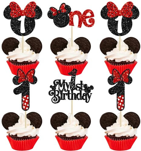 Ephlyn 24Pcs My 1st Birthday Mouse Inspired Cupcake Toppers, Pink Bow Mini One Cupcake Picks Decorations for Baby Shower Kids First Birthday Party Cake Decorations Black Red