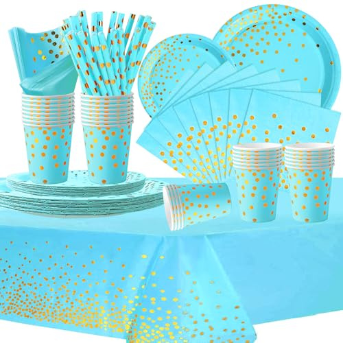 Party Supplies,16 Guests Blue Gold Party Tableware Set