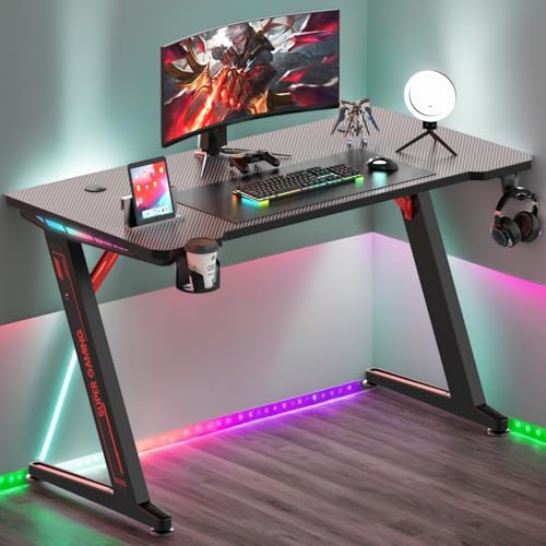 Alpstorm LED Gaming Tisch 120x60cm mit RGB-Beleuchtung, Z Rahmen Stabiler PC Tisch,Gamer Tisch mit Getränkehalter, Veranstalter und Kopfhörerhaken,Gaming Tisch mit LED