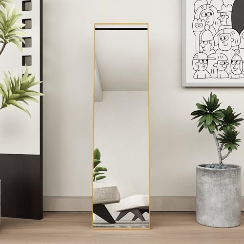 Miroir sur Pied 150x40 cm, Miroir de Sol rectangulaire Pleine Longueur, Miroir Mural à Suspendre ou à Poser, avec Cadre en Aluminium Noir, pour Salle de Bain, Chambre, Entrée (Or, 150x40 cm)