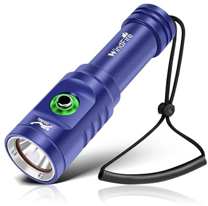 WindFire Dive Torch – Super Bright Rechargeable Diving Flashlight with 3 Modes & Power Indicator, IPX8 Waterproof, Underwater Scuba & Snorkeling Torch for Diving, Lightweight & Compact (Blue)
