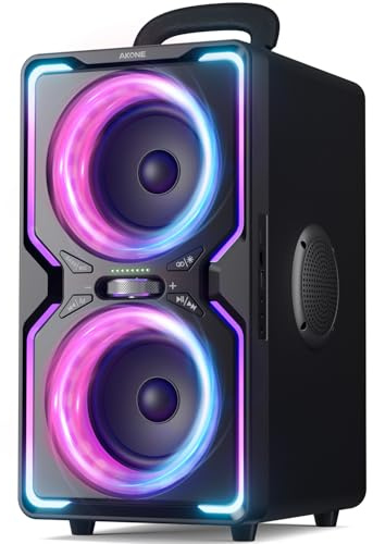 AKONE Enceinte Bluetooth Portable, 240W Peak Party Haut Parleur Bluetooth, Son Fort avec Basses Profondes, 15H Playtime, TWS, Cool Lights, Speaker Idéal pour Fêtes, Camping, Plage et Extérieur
