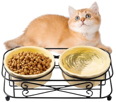Katzentoilette: Keramikmaterial mit Metallständer, Set aus rutschfesten Schüsseln, Futternapf und Wasser für Hunde und Katzen, Futterzubehör für Haustiere | für kleine Hunde C