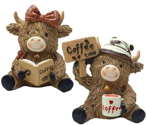2 Highland Kuh Figuren, Schottisches Cow-Deko Aus Kunstharz Mit Kaffeemotiv | Dekorative Kalb-Skulptur Für Schreibtisch, Bücherregal Oder Urlaubsdekoration, Geschenk Für Kuhliebhaber Und Sammler