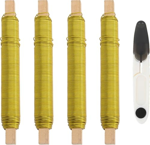 4 Rollos de Alambre Floral Dorado Galvanizado 0,7 mm, Alambre de Hierro Fino 30 m por Rollo Suave Enrollado en Bobina de Madera para Manualidades Dorado para Arte Floral Ramos Coronas