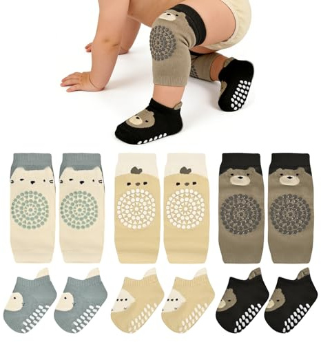 ELNX 3 Pares de Rodilleras y Calcetines Antideslizantes para Bebé, Calentadores de Piernas Elásticos con Dibujos de Animales, Regalo para Niños y Niñas 0-12 Meses