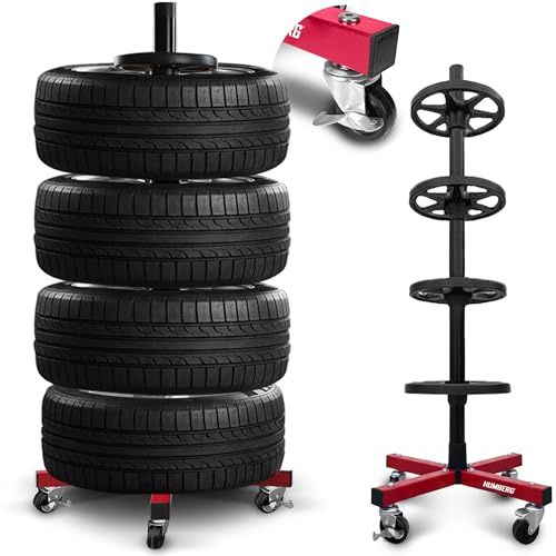Humberg Reifenregal 110 kg - Mobil Freistehend 4 Reifen - Stahl und Aluminium - Verhindert Verformungen - Garage Werkstatt, Schwarz, Rot