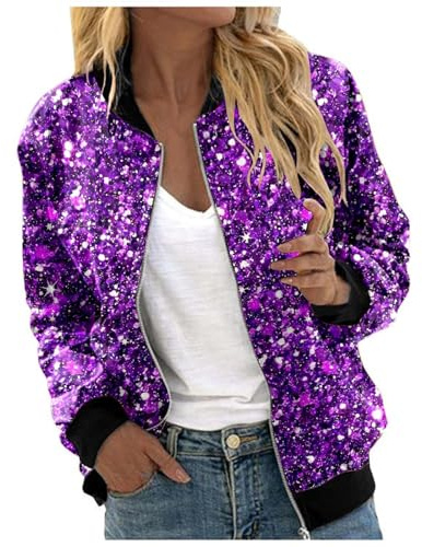 Pailletten Jacke Damen Glitzer Bomberjacke mit Reißverschluss Bolero Elegant Jacken Festliche Disco Kostüm Casual Pailettenjacke Slim Fit Glitzertop für Rave Party Top Winter Streetwear