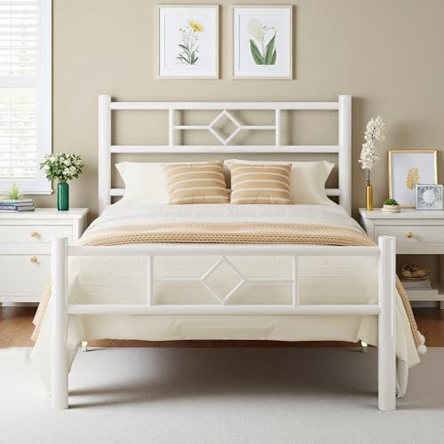 FEONASE 3Ft Metal Single Bed Frame with Headboard & Footboard, Single Bed Frame with Solid Metal Slat Support, Under-bed Storage, Easy Assembly, White