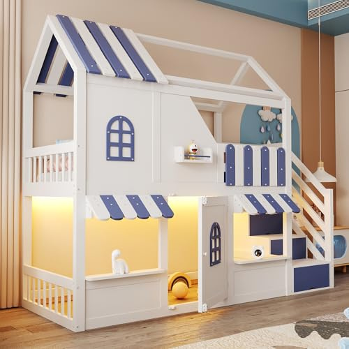 Xwiny Etagenbett 90x200 cm mit LED-Beleuchtung, Kinderbett mit Hausförmiges Design Dachüberstand, Stauraumbett mit Stauraumleiter und Regalen, Weiß+Blau(Ohne Matratze)