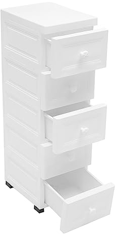 Oxylonty Cajonera Estrecha con Ruedas, 5 Cajones, | 25 x 34 x 82 cm, PP Fácil de Limpiar, Mueble Auxiliar para Baño, Lavadero, Cocina o Dormitorio, Blanco