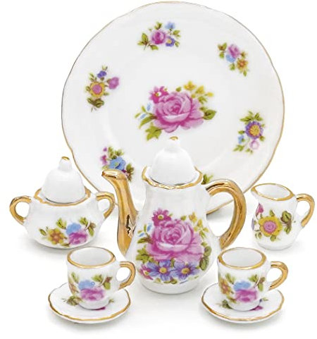 Odoria 1/6 Miniatura 8PZ Conjunto de Tazas de Té Porcelana con Flor Rosa Cocina Accesorio para Casa de Muñecas
