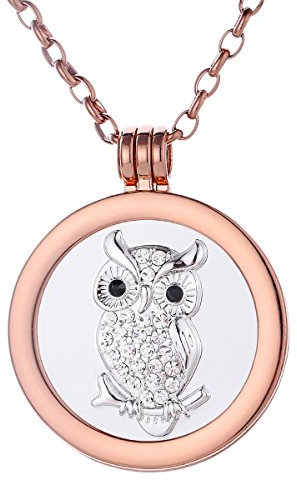 Morella Damen Halskette Rosegold 70 cm Edelstahl mit Amulett und Coin 33 mm Eule Silber in Schmuckbeutel