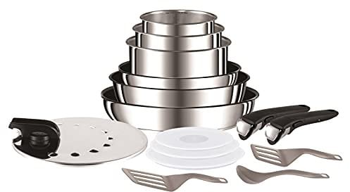 Tefal Preference Edelstahl-Set 15-teilig L94096 | Pfannen | Kasserollen | Schmorpfanne | Viel Zubehör | Antihaftbeschichtung | Hochwertiger Edelstahl, 37 x 37 x 24 cm