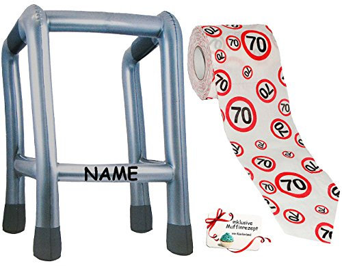 alles-meine.de GmbH 2 TLG. Set: __ Gehhilfe - (Aufblasbar) incl. Name + Toilettenpapier Rolle - 70. Geburtstag/siebzig und Sexy - Happy Birthday - lustiger Partyartikel -..