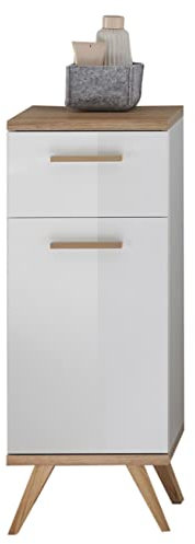 Pelipal Badezimmerschrank Quickset 923 in Weiß Glanz/Riviera Eiche quer Nachbildung, 35,5 cm breit | Unterschrank mit 1 Tür, 1 Schubkasten und 2 Glas-Einlegeböden