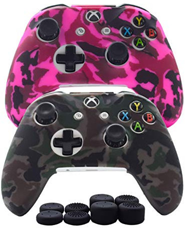 Hikfly Silicone Controller Cover Skin Grips for Xbox One/Xbox One X/Xbox One S Controller Protector Case Faceplates Kits Video Games(2x Camouflage Cover with 8 x Thumb Grips Caps)(Grey,Peach)