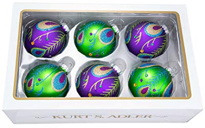 Kurt S. Adler Green and Purple Peacock 80MM Glass Ball Christmas Ornaments Set of 6 GG0920 New