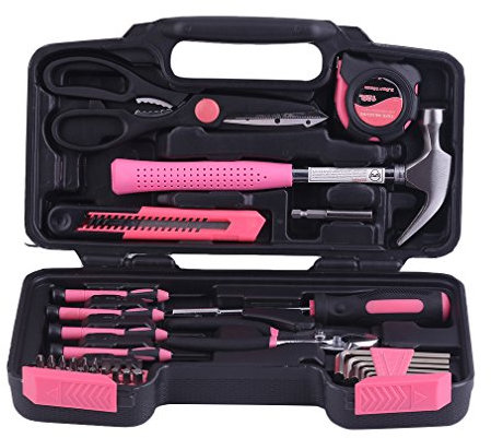 Tragbare Dame Werkzeugkoffer Haushalts Handwerkzeug Set Leichte Allgemeiner Werkzeugsatz Home Tool Kit mit Tragetasche (40-tlg Pink Werkzeugkoffer)