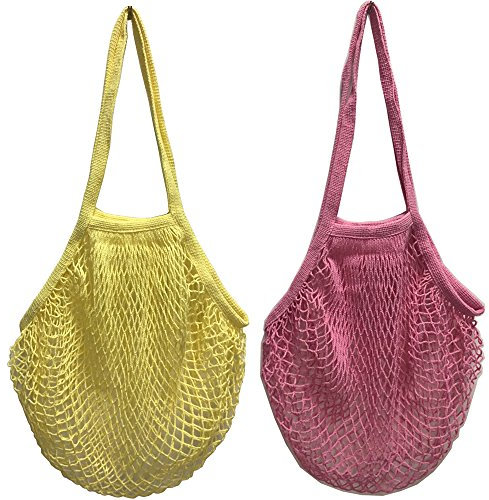 2 bolsas de malla de algodón lavable, para compra o como bolso de mano, portátiles, reutilizables, con asa larga para llevar al hombro, algodón, Lyellow Lpink, Large