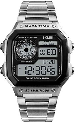 SKMEI DG1335S Smart-Herren-Digitaluhr, transparentes großes Display, Edelstahlarmband, Datums-Alarm, Stoppuhr, silberfarben
