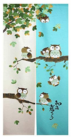 LIGICKY Japanische Noren Lang Vorhang Tür Vorhang Tapisseri Fliegen Insektenvorhang Raumteiler Grün33x59 inch(Eule auf Baum)