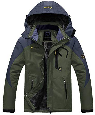 R RUNVEL Mens Waterproof Jackets Winter Coats Warm Fleece Jackets with Hood for Outdoor Hiking Mountain Walking Skiing Working Camping Green UK M