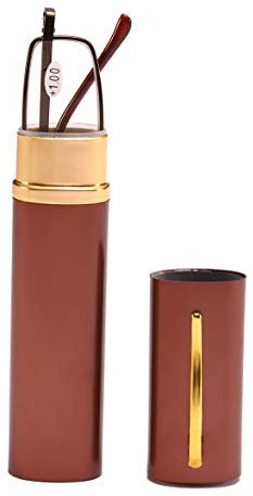 USOOLALA Unisex Compact Premium Reading Glasses Slim Reader w/Pen Clip Tube Case, Brown, 4.0
