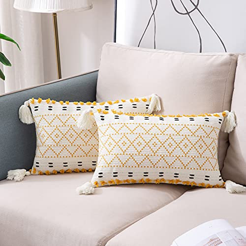 2er Set Kissenbezug Boho Kissenhülle Baumwolle Woven Dekokissen Sofakissen mit Quaste Dekorative Kissenbezüge für Sofa Schlafzimmer Wohnzimmer 30 x 50 cm Gelb und Weiß