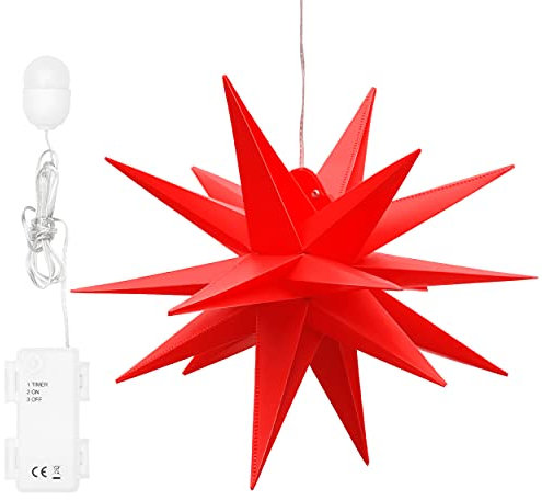 Bonetti 3D Leuchtstern inkl. warm-weißer LED Beleuchtung | für Innen und Außen geeignet | hängend | 100 cm Zuleitung (rot, ca. Ø 25 cm (batteriebetrieben))
