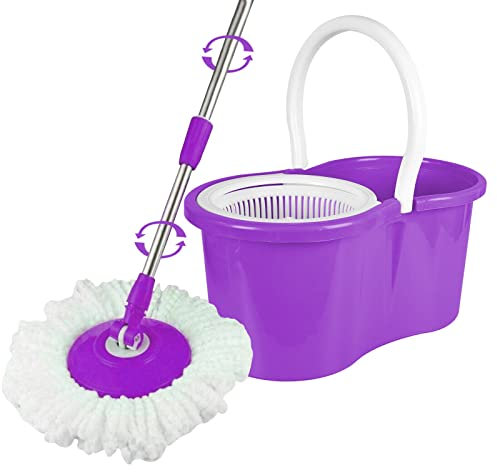 Spin Mop Bucket Set with Spin 360 Wringer and 1 Microfibre Mop Pad Head Telescopic Easy Press Handle with Spin Dry Cleaning Caddy Set-Microfibre Home Cleaning Clean Floor (Purple)