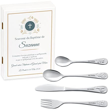 Maverton Set de couverts personnalisé dans boîte en bois imprimée - Thème Animal - Cadeau d'anniversaire personnalisé - Pour filles - Cadeaux bébé - Coutellerie gravée - CROIX