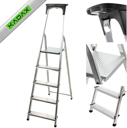 KADAX Aluminiumleiter, Stehleiter bis zu 125 kg, Stufenleiter, Klapptritt für Senioren, Alu-Sicherheits-Stehleiter, klappbare Leiter mit Ablage, Aluklappleiter, Aluleiter (5 Stufen)