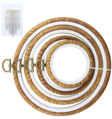 SZCXDKJ 4 Größen Kunstholz Display Runde Stickrahmen Set Kunststoff Kreuzstich Hoop Ringe für DIY Handwerk Nähen, inklusive 16 Stück Goldösen Nähnadeln