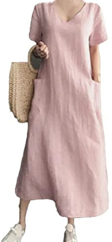 Onsoyours Robe Mi Longue Femme Sexy Boho Lin Plage Soiree Ete à Volants Fleurie à Manche Courte Col en V Robe Pas Cher B Rose Clair XL