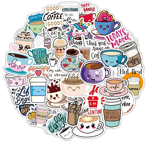 HNTR® Coffee Stickers | 50 Café Brew Decals | Waterproof Vinyl Stickers for Laptops, Water Bottles, Notebooks & Coffee Lovers