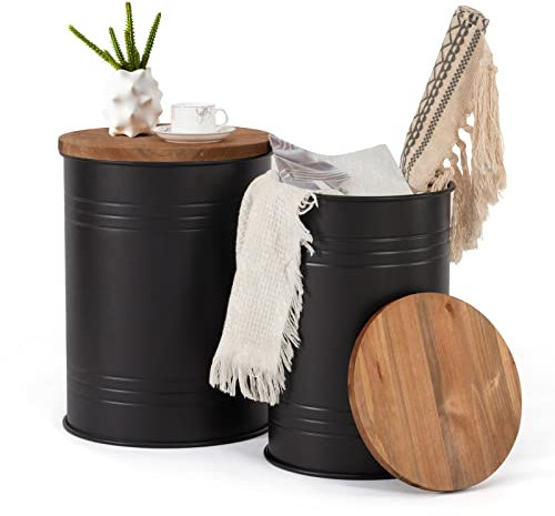 Poofzy Bauernhaus-Beistelltische, 2er-Set, verzinkter Metalldekor, Beistelltisch mit Holzdeckel, Couchtisch, Aufbewahrungshocker für Wohnzimmer (schwarz)