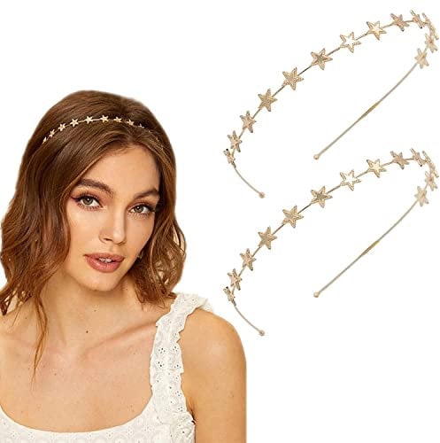 DonLeeving 2 Pcs Five-pointed Star Headbands, Alloy Headband, Bridal Hair Hoop Wedding Hair Accessories Ornaments for Elegant Women Girls, For Birthday Valentines Day (Gold)